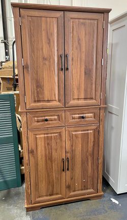 Newly Assembled Tall Kitchen Pantry Cabinet w/ Storage & Shelves Brown