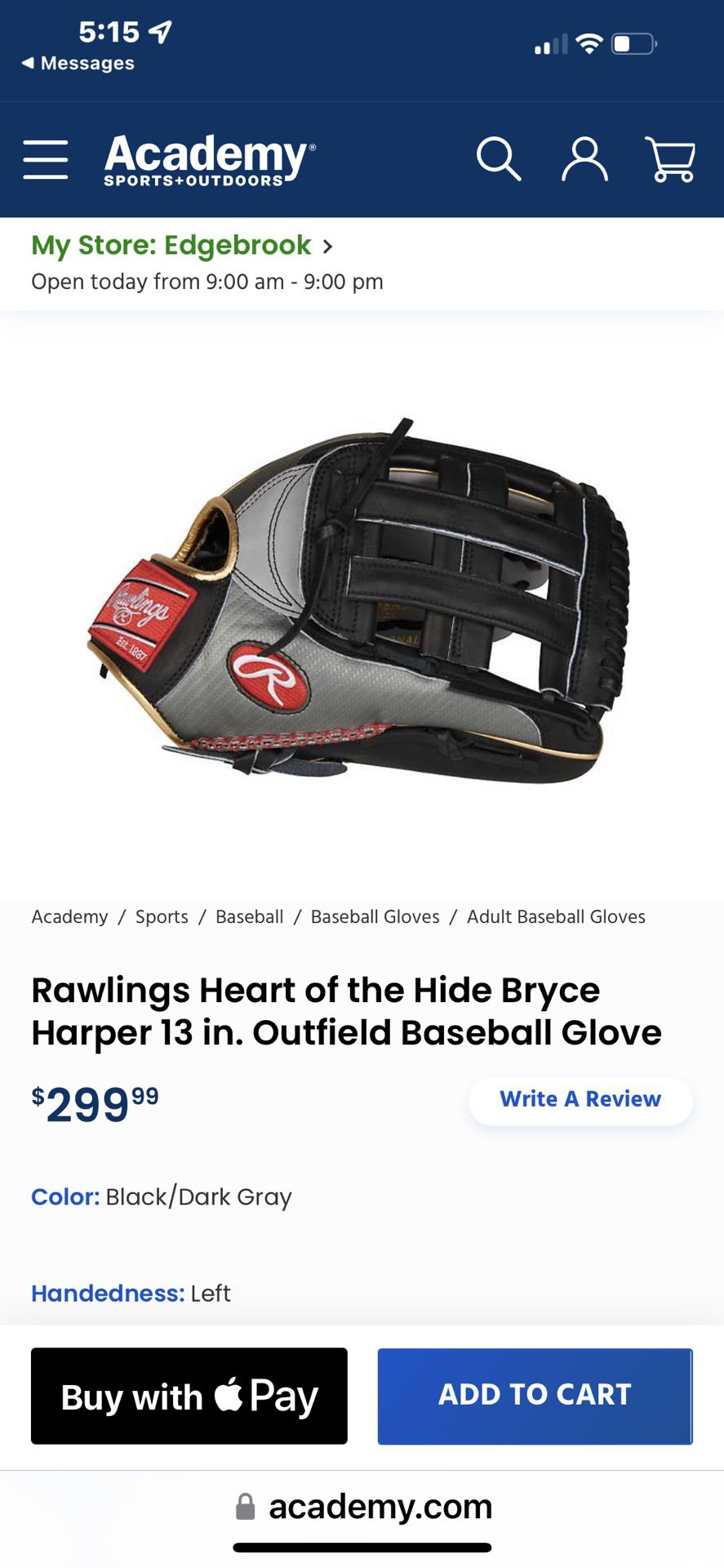 Rawlings 13 Inch Bryce Harper Glove( Left Handed)