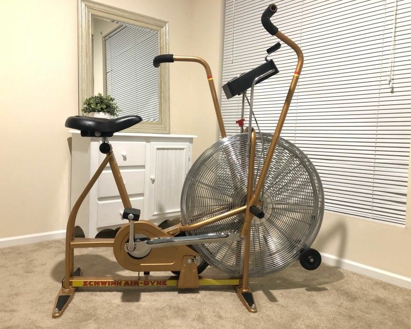 Vintage Gold Schwinn Airdyne stationary bike.