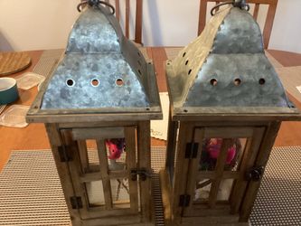 2 Metal Lantern Decorations With Glass Candles Holder Suitable Outdoor/indoor For Porch,  Patio ,Garden, Balcony. Base: 6.5” (Same On All Four Sides)