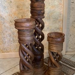 Hand Carved Set Of 3 Floor Candle Holders