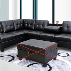Brand new black faux leather Sectional Sofa with storage chaise