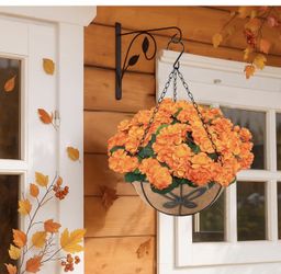 New Fall Hanging Fake Flowers Basket with 8 Artificial Geranium Stems, Autumn Outdoor Faux Floral Plant with Butterfly Basket for Porch Yard Garden De