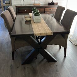 Dining table & buffet, four chairs and bench