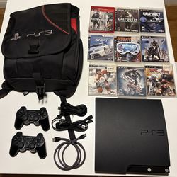 PS3 PlayStation 3 Bundle Slim 120GB Model with 9 Games 2 Controllers All Cables and Carry Bag