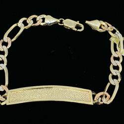 $1850 Three Tone Gold Figaro ID Link Bracelet 