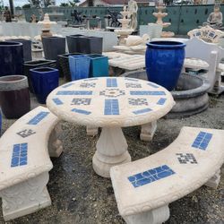 Concrete Mosaic Picnic Table with 3 Benches/ Outdoor Patio Furniture / Patio Set