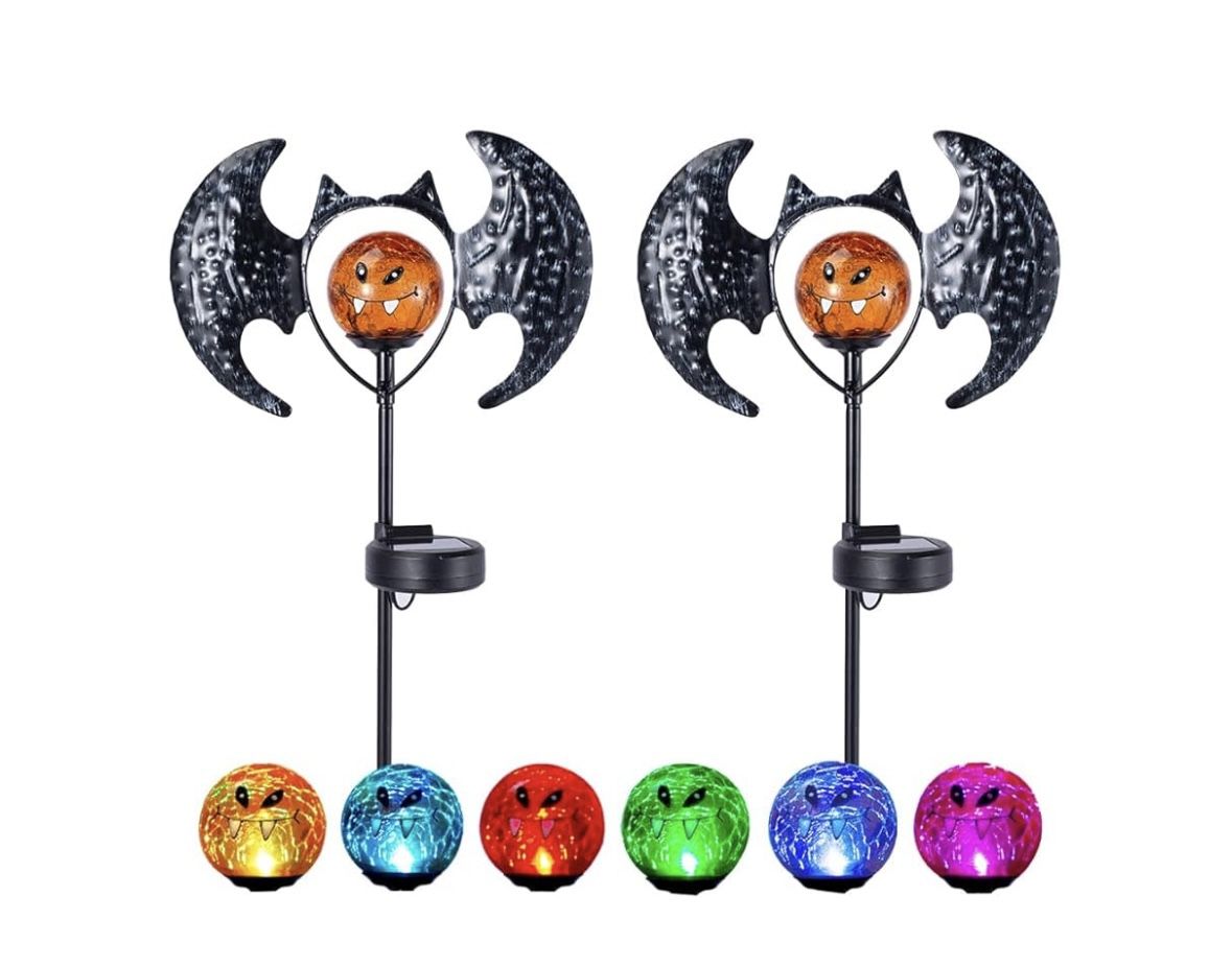 Two Pack Color Changing Metal Solar Bats Halloween Path Lights for Yard