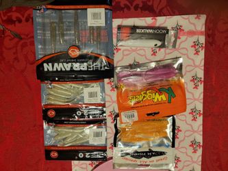 Salt strong moon walker... 2.0 paddeltail slam shady(2 packs)..1 pack of a.m  garlic infused plastic curly tail 4 in....1 pack of kwigglers willow tai