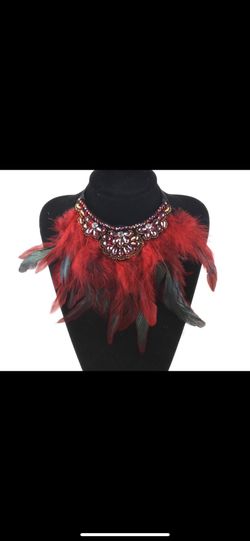 Red feather rhinestone necklace