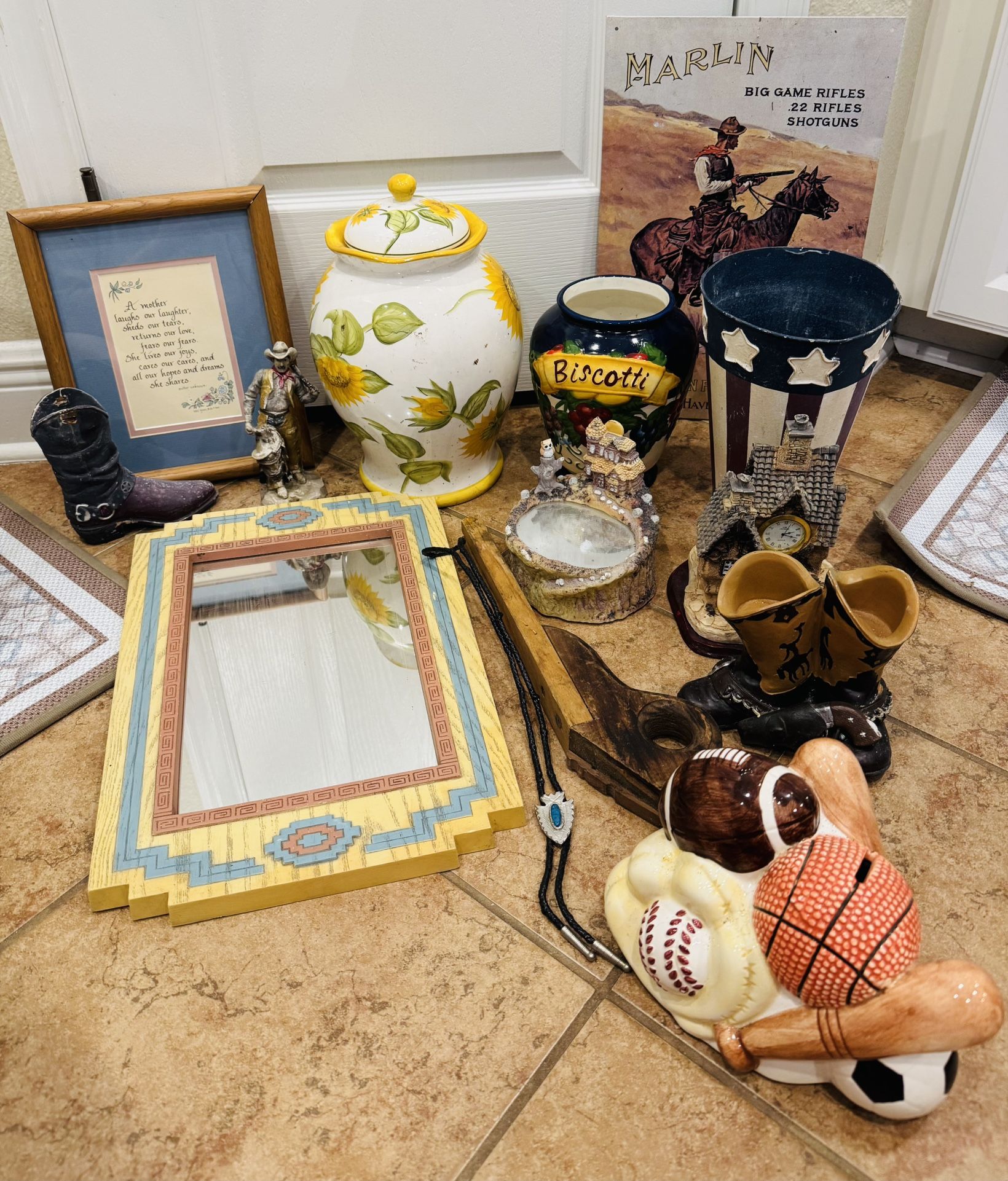 Misc Lot - $5 for All of it - Western Figures & Mirror -Sports Bank -Jars were used as planters 