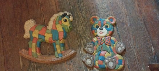 Vintage 80's Patchwork Rocking Horse And Bear Wall Plaques