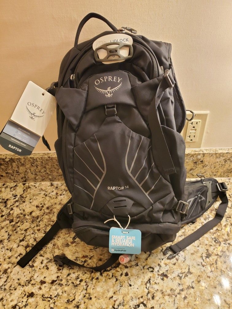 BRAND NEW $190 OSPREY RAPTOR 14 HIKING BIKING BACKPACK WITH 2.5 LITER HYDRATION BLADDER GREAT DAY PACK