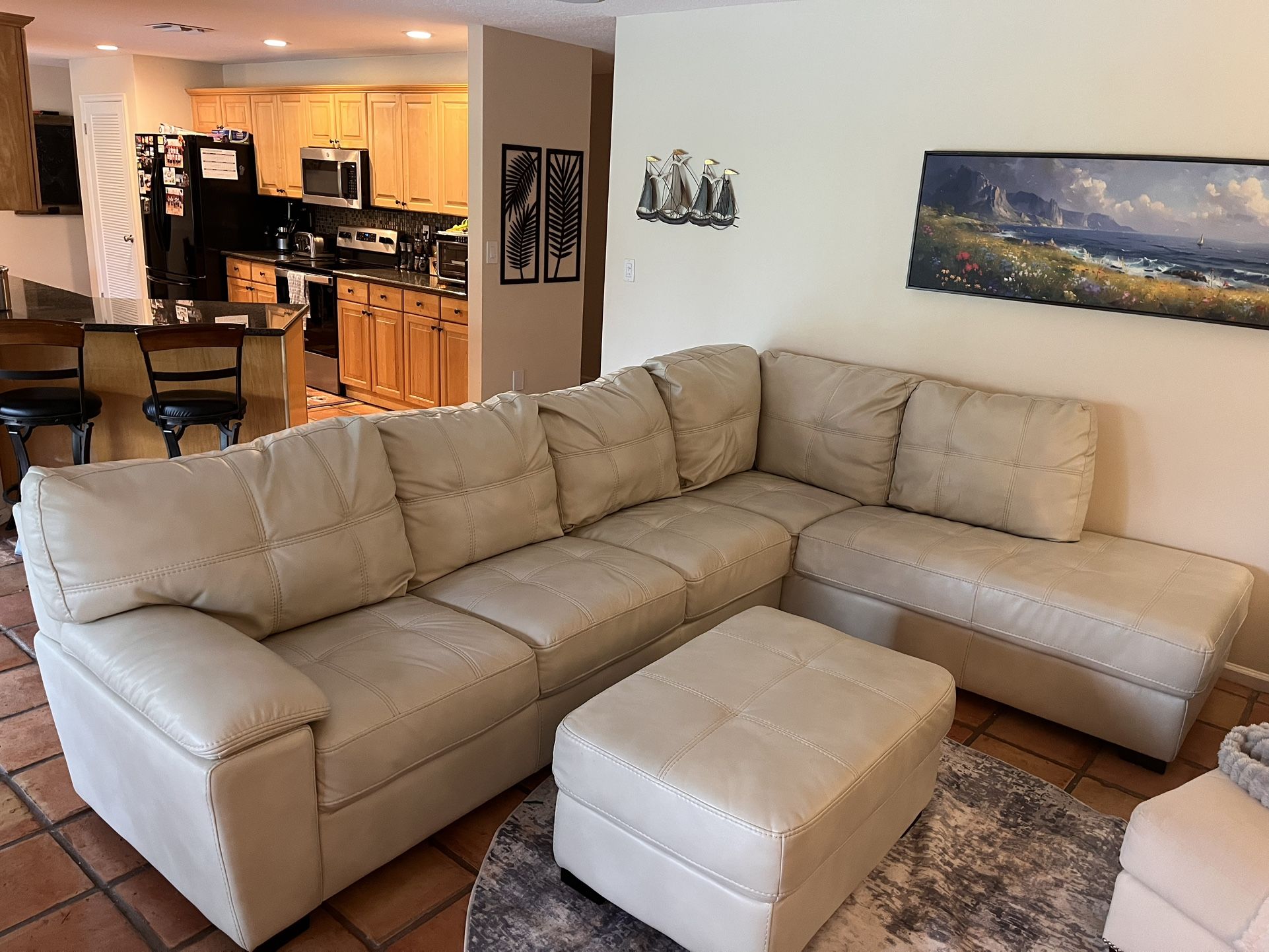 Off White Sectional With Chaise. Ottoman Included