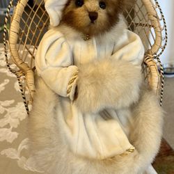 Bear Plush With Fancy Coat On Elegant Rattan Chair