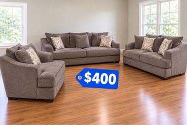 Three piece brown upholstered oversized living room couch  Set