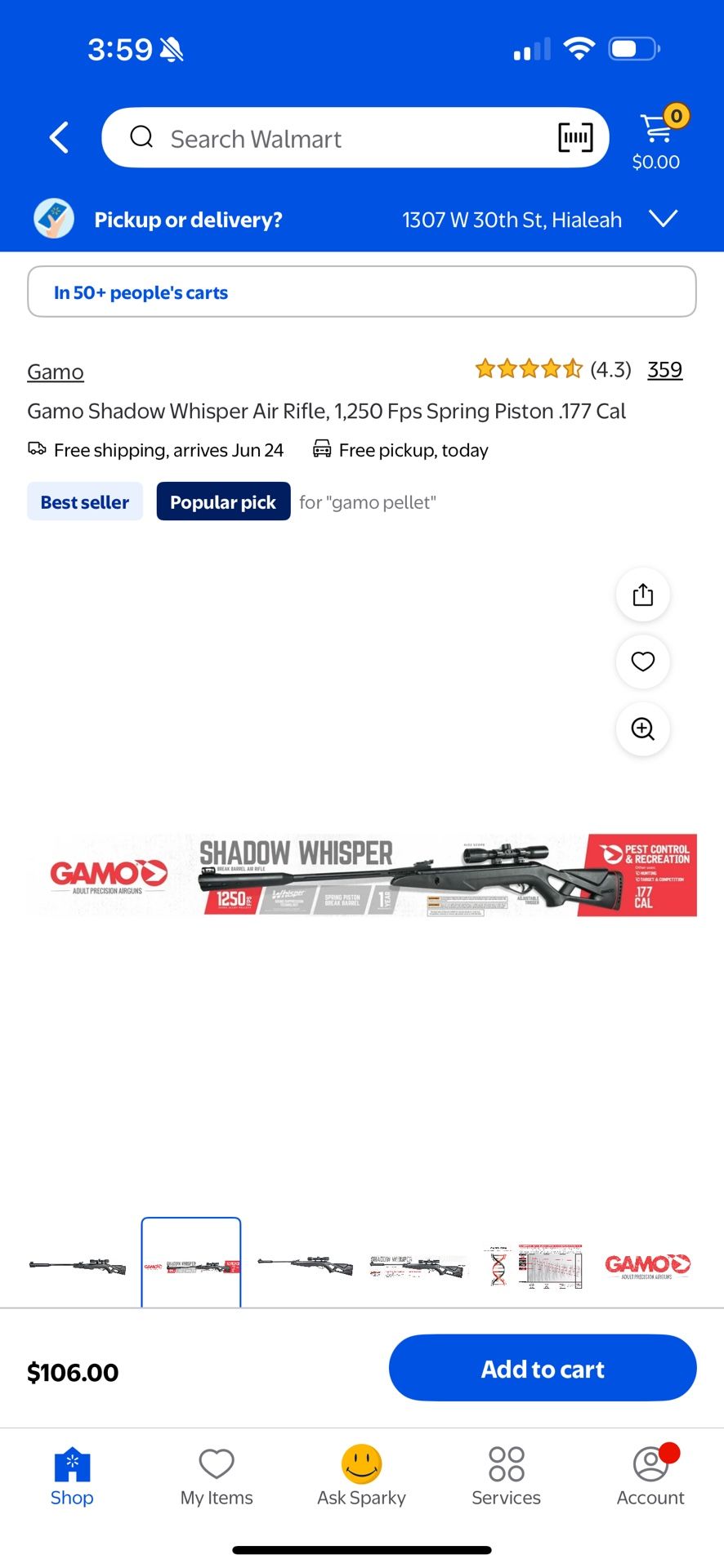 Gamo Shadow Whisper Air Rifle, 1,250 Fps Spring Piston .177 Cal