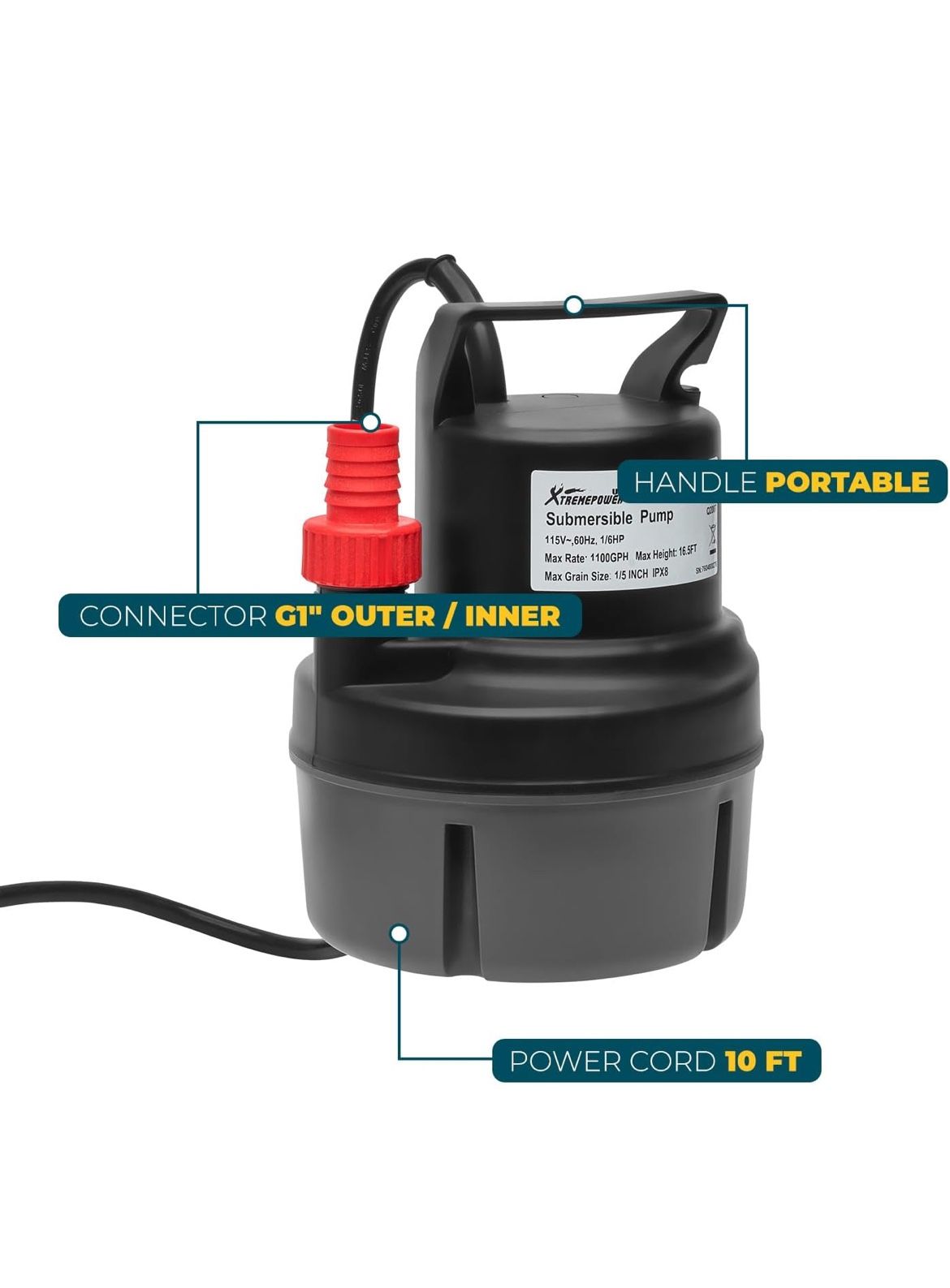 XtremepowerUS 1/6HP Submersible Water Utility Pump, 1100 GPH Portable Sump Pump for Pool Draining, Pool Cover Pump 10 FT Cord for Basements, Pool, Fou