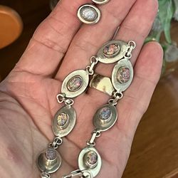 Vintage Sterling Silver Opal Bracelet And Earrings Set