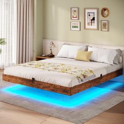 Afuhokles Floating Bed Frame Full Size with LED Lights, Modern Metal Platform Bed, Brown