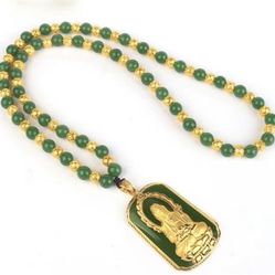 2023 new imitation jasper jade stone Guanyin Bodhisattva gold inlaid jade pendant imitation white jade jade pendant gold-plated bead necklace for men