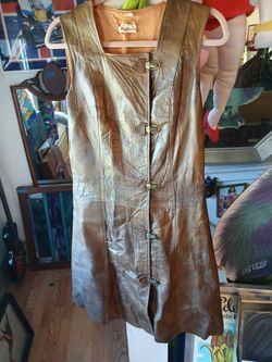 60s Vtg Brown Genuine Leather & Gold Lock Button Shift Dress Mod Space Age Futuristic Knee Length Mini Mod Women's