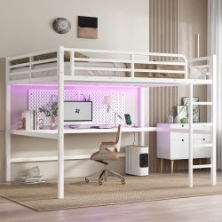 Arla Queen Size Metal Loft Bed with Built-In Desk, Power Outlet and LED Lighting