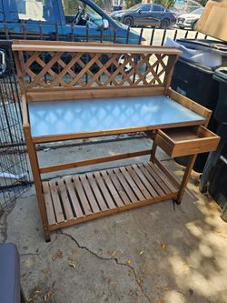 Ketive Garden Potting Bench with Metal Tabletop,Outdoor Potting Table Workstation Benches with Drawer/Storage Shelf