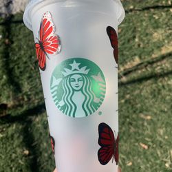 Customized Starbucks cup with red butterflies