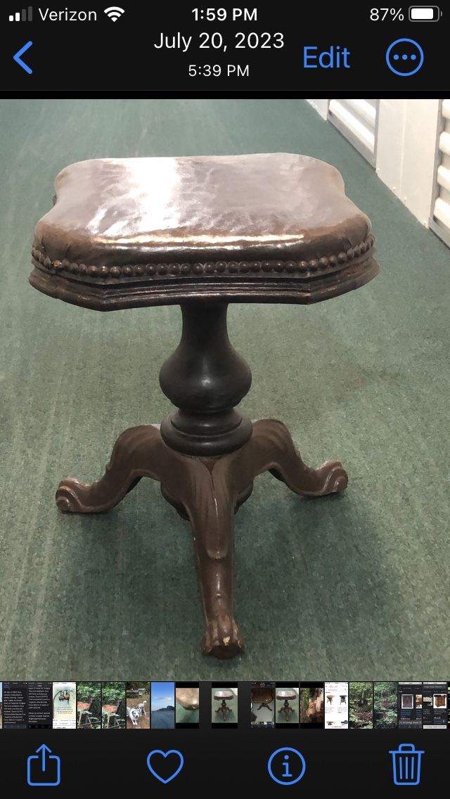 Antique Iron Beautiful Antique Iron & Wood Piano Stool With Leather Seat