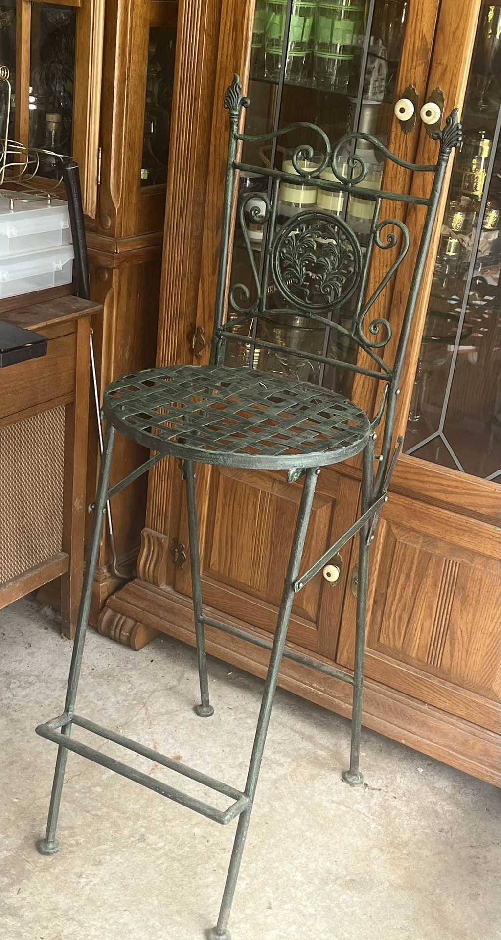 Antique Wrought Iron Ornate French Folding Bar Stool