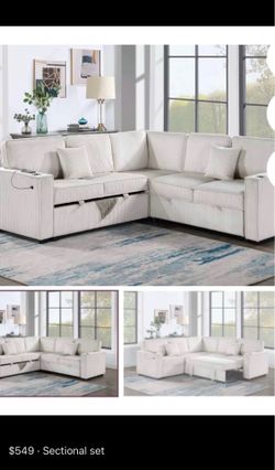 $550.  Sectional Pull Out Bed With Storage USB Cup Holder Available,I Ivory,Dark Gray,Corduroy