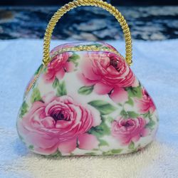 Vintage And Adorable! Porcelain Floral Purse Trinket Box 