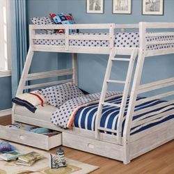 Brand New Wire-Brushed White Twin Over Full Size Bunk Bed With Drawers 