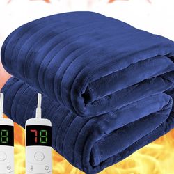 King Heated Electric Blanket 90" X 100" Navy Blue 2 Controllers