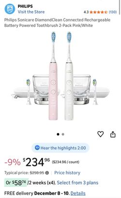 Philips Sonicare DiamondClean ConnectedRechargeable Battery Powered Toothbrush 2-Pack Pink/White NEW