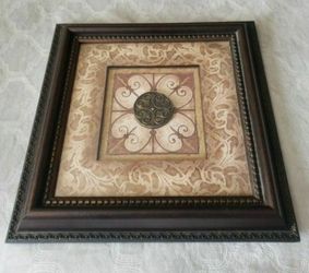 Decorative Framed Wall Art Featuring Bronze Colored 3D Center Medallion On Brown Toned Patterned Background, With Beautifully Detailed Frame! (16×16)