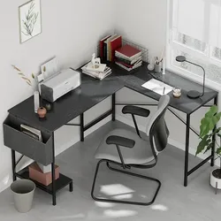 L Shaped Desk Gaming Computer 50 Inch Reversible Corner Table PC Work Table for Writing Study Student with Wood Tabletop Metal Frame CPU Stand Side Ba