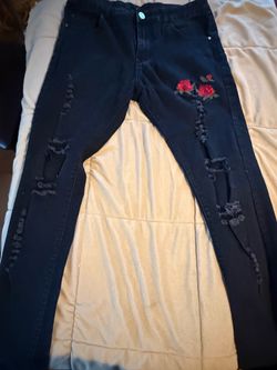 black rose embroidered jeans with distressing