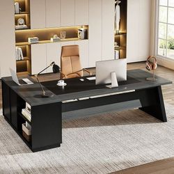 HL0212XXAB 78 inch W Grey and Black L Shaped Computer Desk Writing Table with Drawers and Lateral File Cabinet