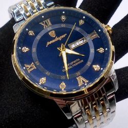 POEDAGAR Men's Quartz Watch Day Date Two-Tone Blue Dial/Crystal Markers, New!