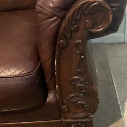 Leather Brown Carved Sofa & Loveseat  