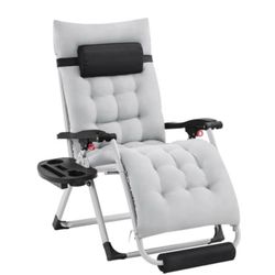 26in Zero Gravity Recliner with Padded Mattress for Autumn and Winter, Outdoor Folding Lounge Chair with Headrest Cupholder/ Footrest