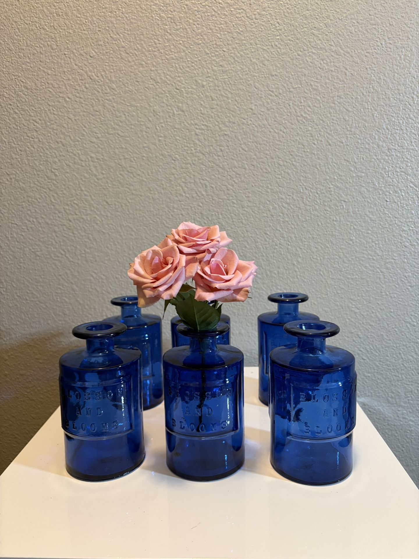 Blue Recycled Spanish Glass Flower Vases / Set of 6 - Wedding, Home, Birthday Party Decor