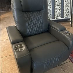 Powered Recliner Grey Leather W/ Storage