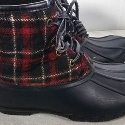 Seven7 Rain Boots Duck Boots Upper Goose Wool Wine Black Plaid -   Size 8.