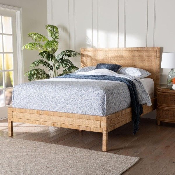 Natural Rattan Bed - Coastal Boho Style Bed Frame with Woven Detailing, Queen(New)
