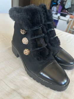 BLACK HIGH FASHION BOOTS WITH RHINESTONE BUTTONS $20.00