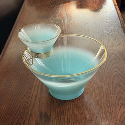 Anchor Hocking Blendo Glass Teal Turquoise Chip And Dip Bowl Set With Gold Stand