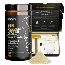 LivaClean 24K Golden Luster Powder Jelly Mask Kit, Anti-Aging, Retinol, Collagen - 33 Fl Oz